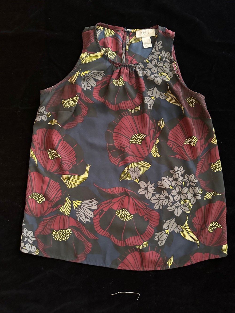 LOFT Navy Floral Sleeveless Shell Top with Burgundy & Yellow Accents